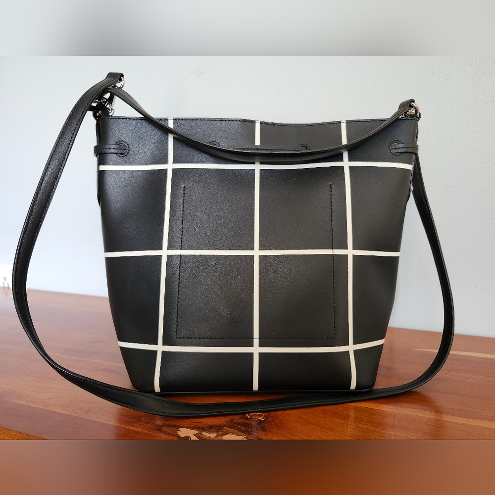 Lauren Ralph Lauren Black Windowpane Dryden Debby Drawstring Bucket Bag W/Pouch